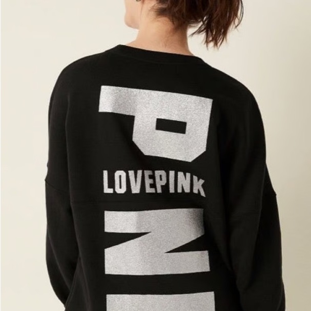 VICTORIA'S SECRET PINK VARSITY CREW SWEATSHIRT MEDIUM BLACK SILVER GLITTER